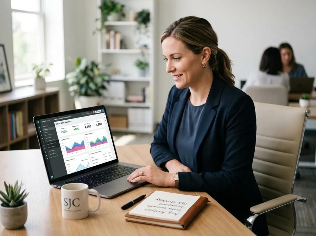 Marketing professional reviewing social media analytics to improve content performance.