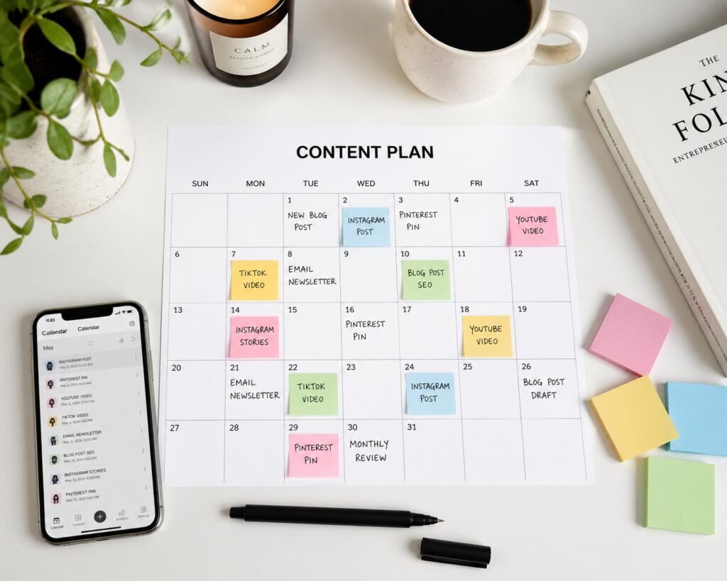 Social media content calendar and planning process for a small business.